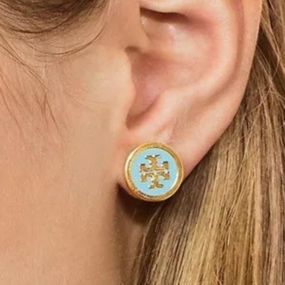Tory Burch Gold & Aqua Enamel Logo Stud Earrings - Picture 3 of 3